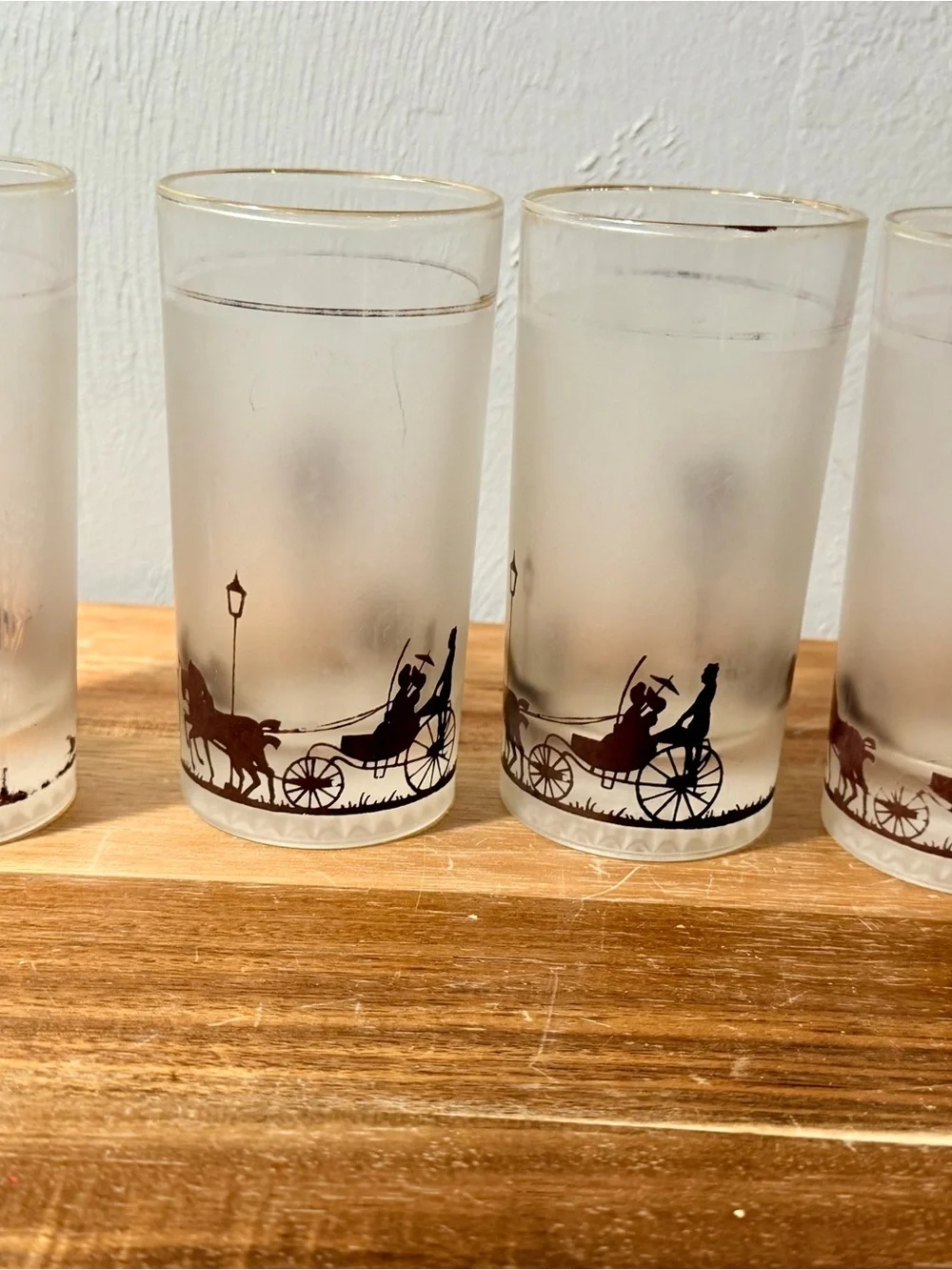 Vintage Frosted Highball Glasses with Black Silhouette Horse & Carriage Design